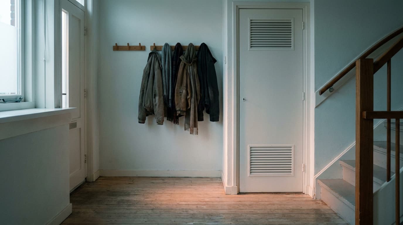 Gewone Nederlandse gang in ochtendlicht met gesloten meterkastdeur