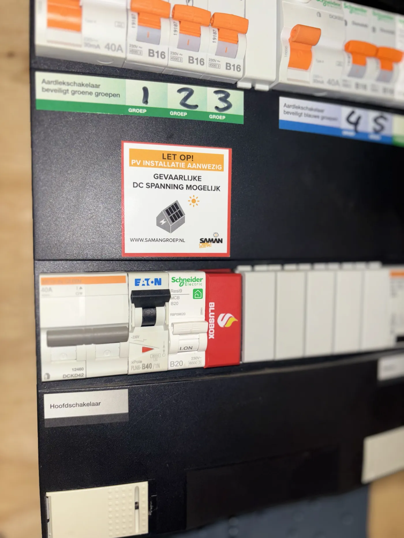 Meterkast met Blusbox tussen de installatieautomaten, naast een waarschuwingssticker voor zonnepanelen