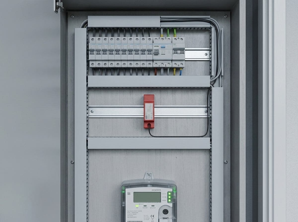 Vooraanzicht van een meterkast met de Blusbox-module gemonteerd op de middelste DIN-rail