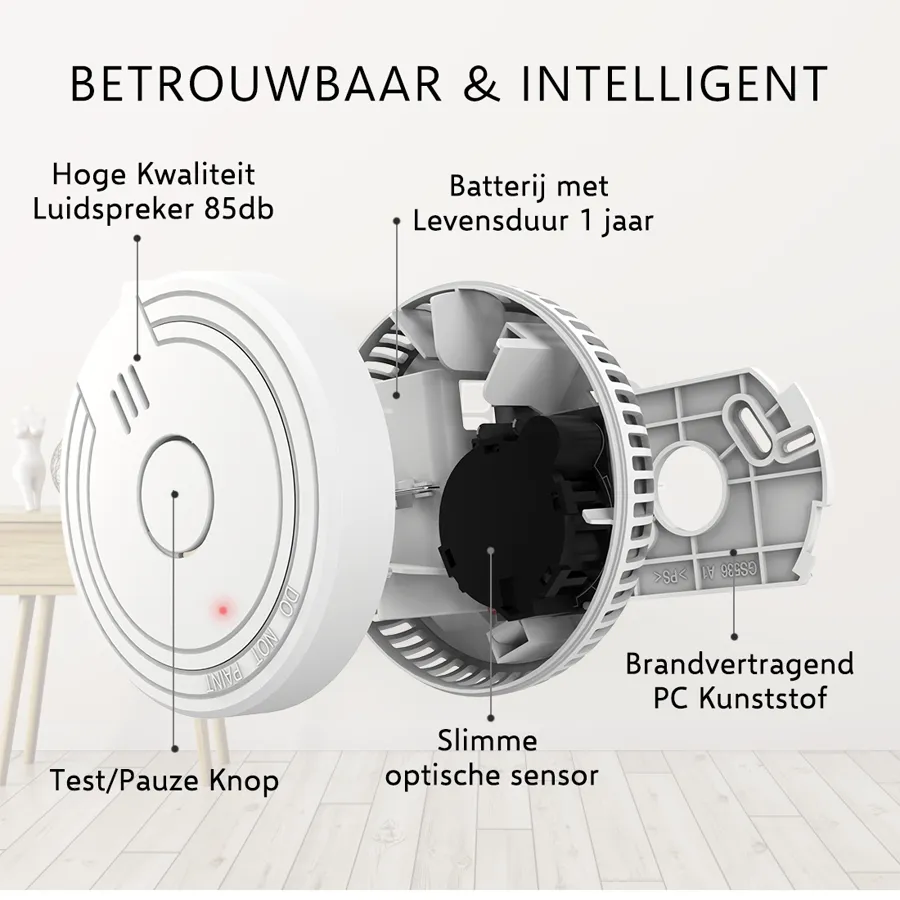 Opengewerkte rookmelder: luidspreker van 85 dB, optische sensor, test- en pauzeknop en batterij