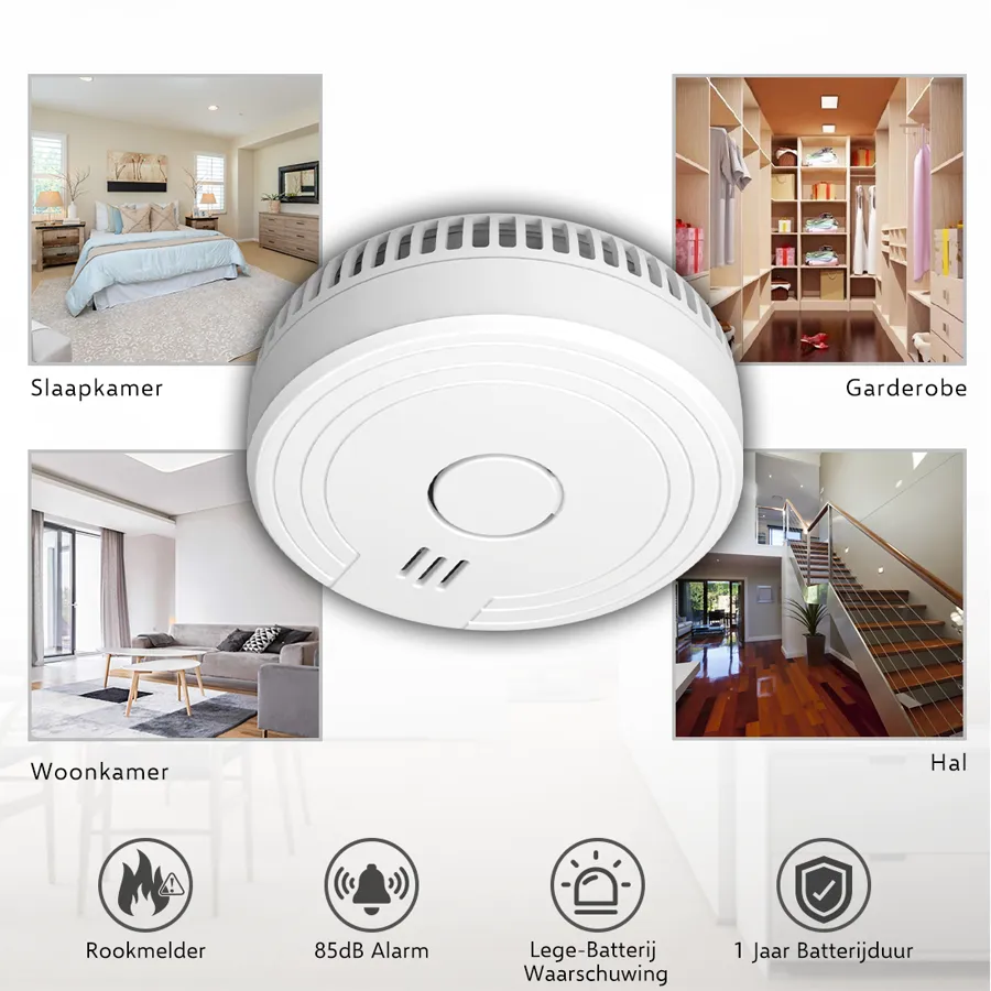 De rookmelder in slaapkamer, woonkamer, garderobe en hal, met iconen voor 85 dB-alarm en lege-batterijwaarschuwing