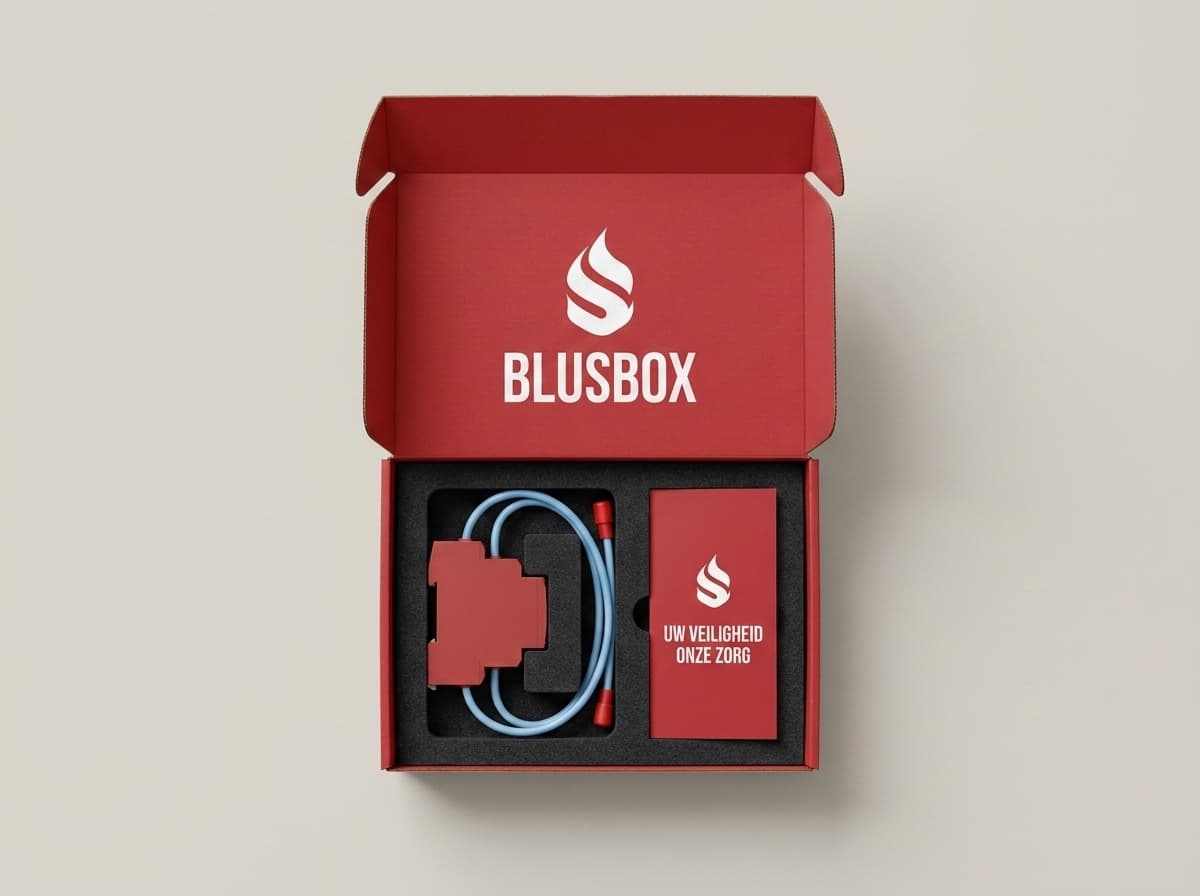 Geopende Blusbox-verpakking: de module met vastzittend lichtblauw detectiekoord, naast een rode kaart met het Blusbox-logo